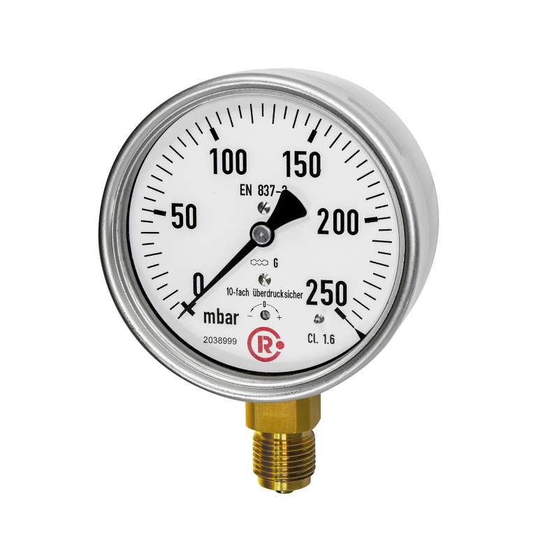 RIEGLER Kapselfedermanometer, CrNi-Stahl, G1/4 radial unten, 0-60mbar,Ø63