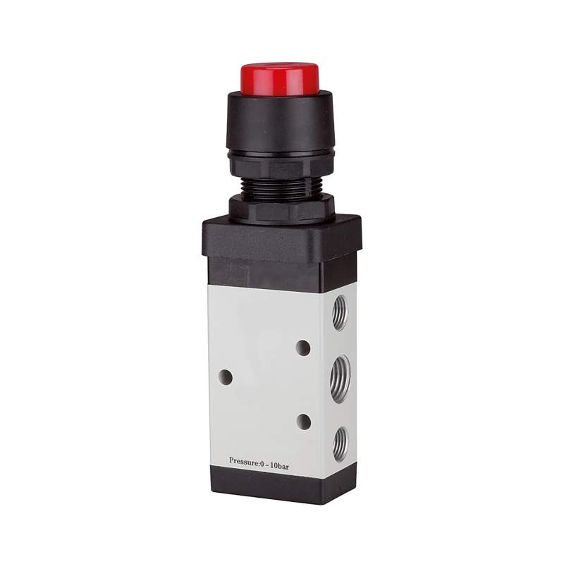 RIEGLER 5/2-Wegeventil, manuell »M5«, Druckknopf, monostabil, G 1/8, rot